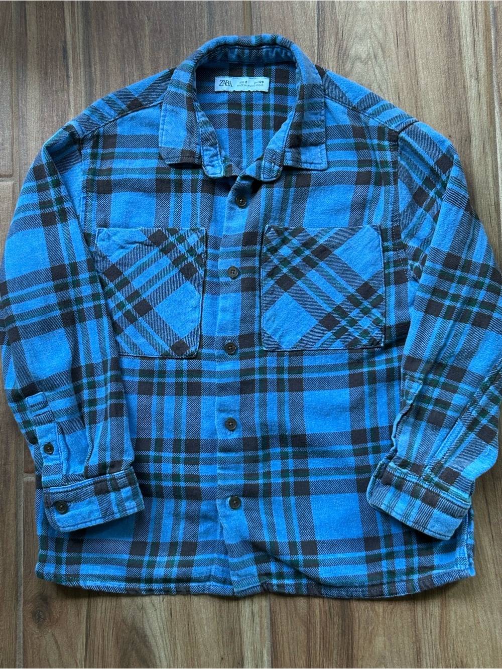Zara Boys Blue Plaid Flannel Button Down Shirt Size 8